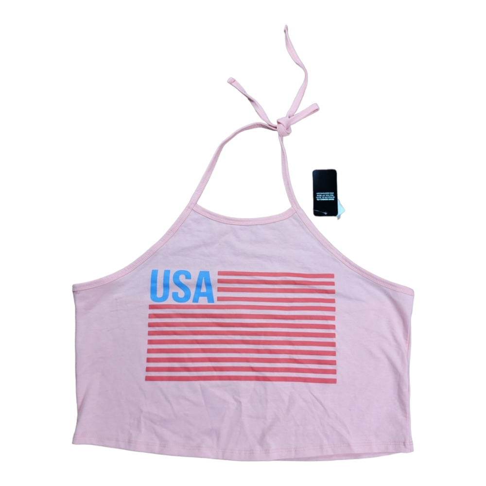 New Issac Morris Women's USA Flag Graphic Halter Cropped Top Sz XL
